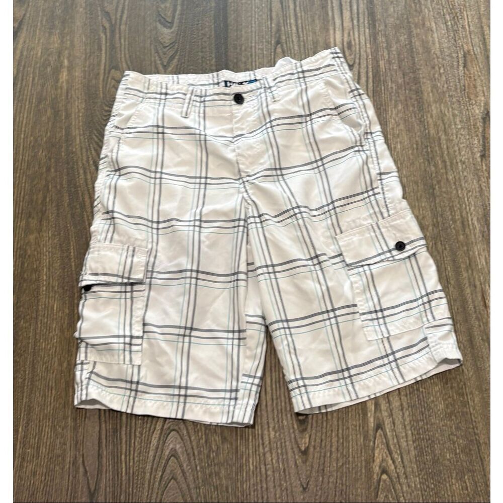 Tony Hawk Mens Swim Board Shorts Mid Rise Cargo Pockets Plaid White Blue Size 29